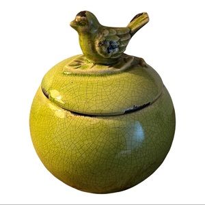 Chartreuse GRN Ceramic Bird Lid Circular Egg Shaped Canister- Midcentury Modern